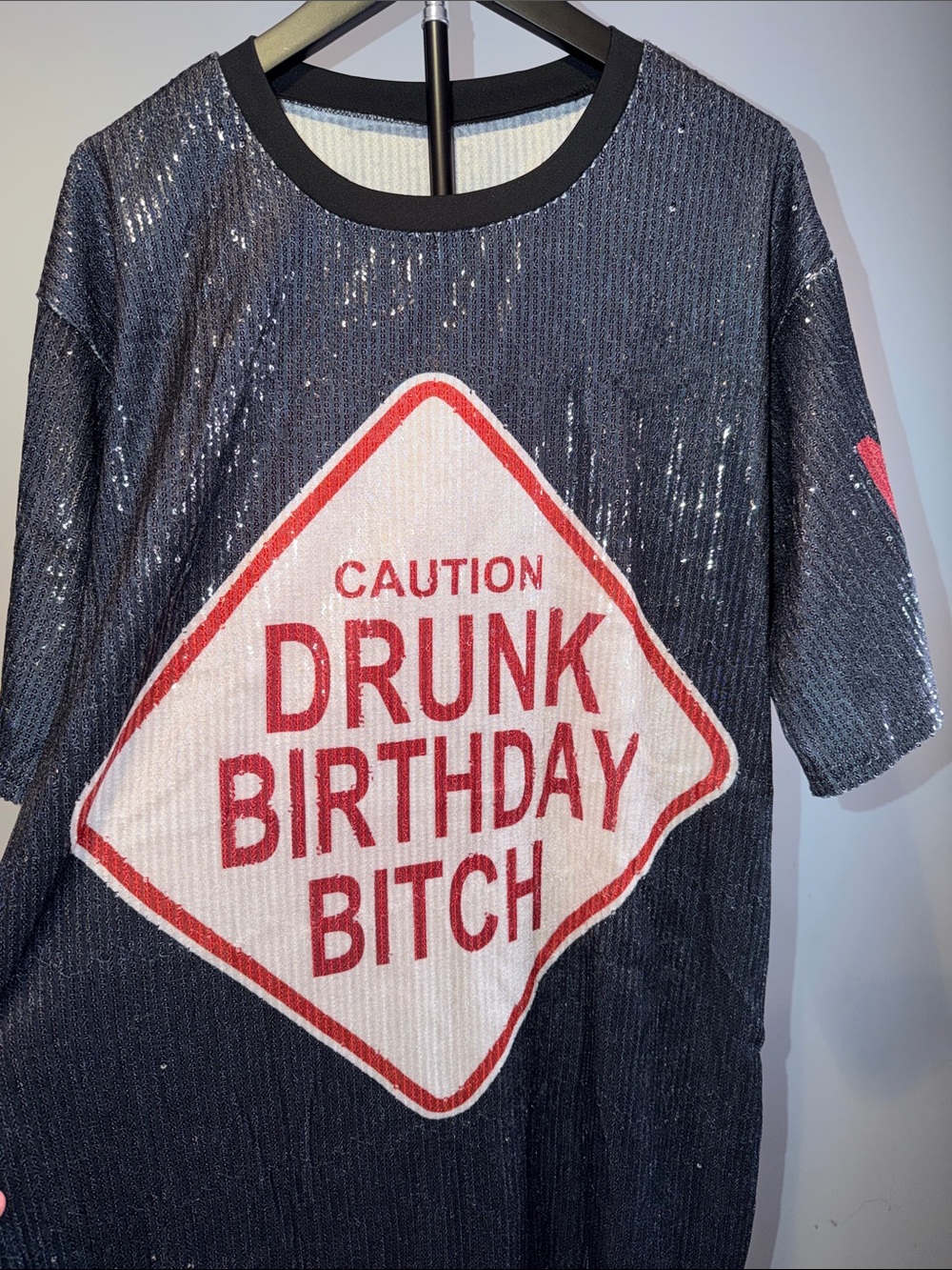 Sequin Party Dress Caution Drunk Birthday B**ch - Black with Red White #294 NWOT